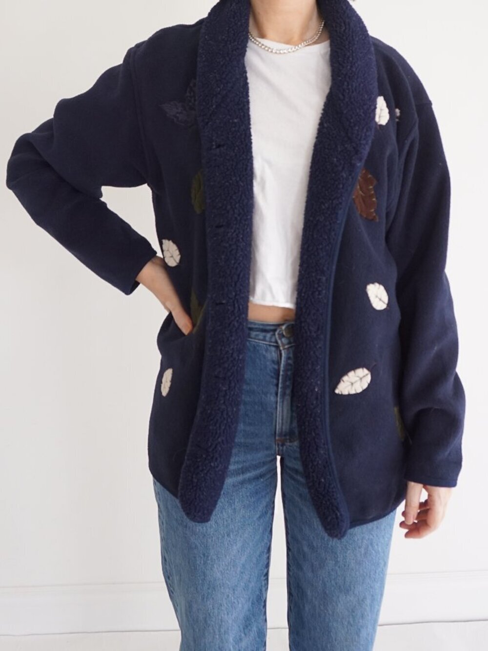 Northern Reflections Navy Leaf Embroidered Fleece Snap Front Fall Jacket L